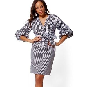 NEW YORK & COMPANY Dress Puff Sleeve Stripe Classic Preppy Pinstripe Medium